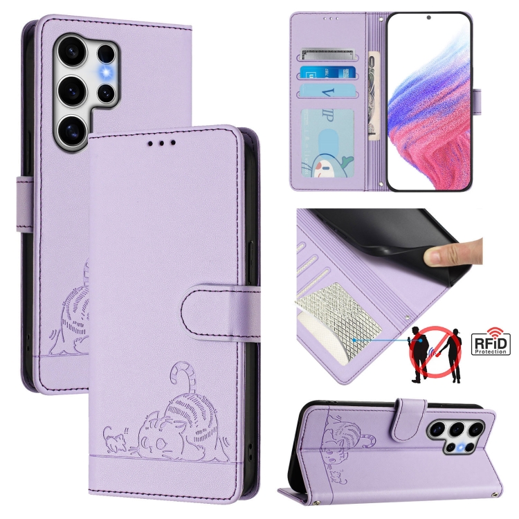 

For Samsung Galaxy S25 Ultra 5G Cat Rat Embossed Pattern RFID Leather Phone Case with Lanyard(Purple)