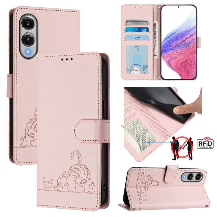 

For Samsung Galaxy S25 Edge 5G Cat Rat Embossed Pattern RFID Leather Phone Case with Lanyard(Pink)