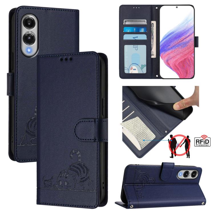 

For Samsung Galaxy S25 Edge 5G Cat Rat Embossed Pattern RFID Leather Phone Case with Lanyard(Blue)