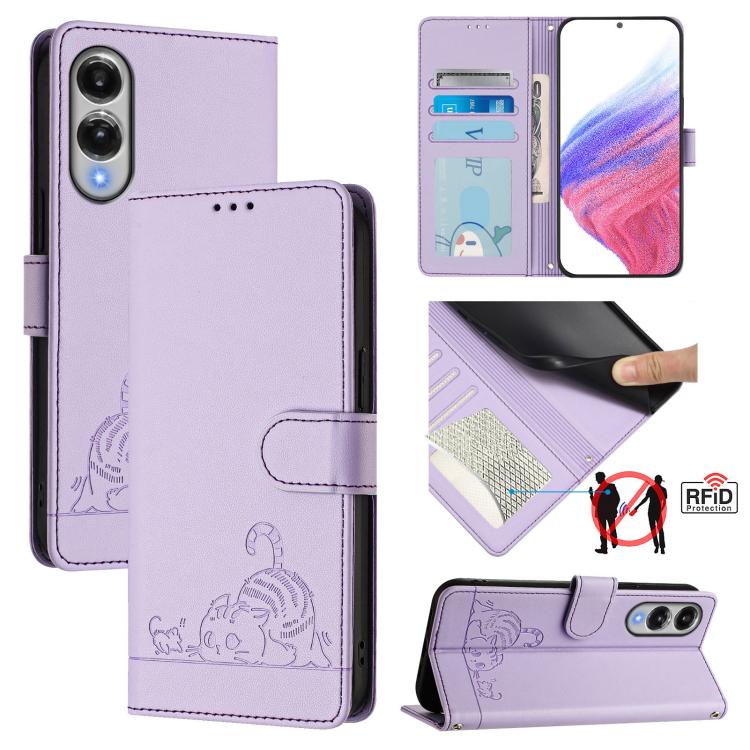 

For Samsung Galaxy S25 Edge 5G Cat Rat Embossed Pattern RFID Leather Phone Case with Lanyard(Purple)