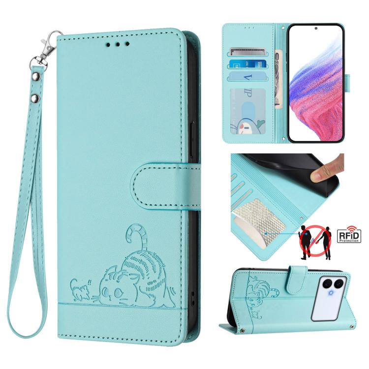 

For Samsung Galaxy S26 Edge 5G Cat Rat Embossed Pattern RFID Leather Phone Case with Lanyard(Mint Green)