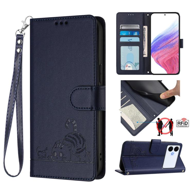 

For Samsung Galaxy S26 Edge 5G Cat Rat Embossed Pattern RFID Leather Phone Case with Lanyard(Blue)