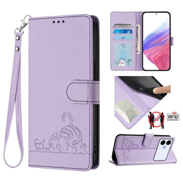 

For Samsung Galaxy S26 Edge 5G Cat Rat Embossed Pattern RFID Leather Phone Case with Lanyard(Purple)
