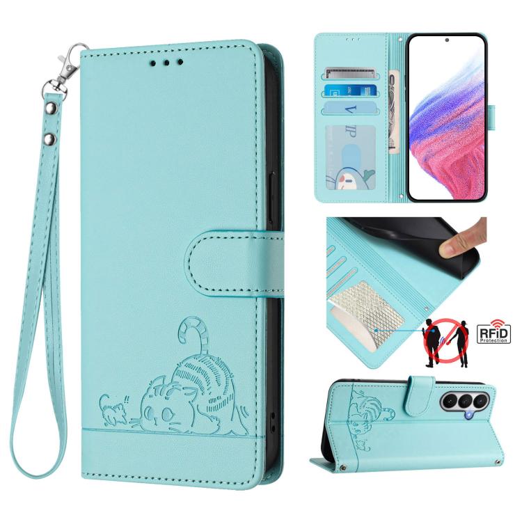 

For Samsung Galaxy S26 Pro 5G Cat Rat Embossed Pattern RFID Leather Phone Case with Lanyard(Mint Green)