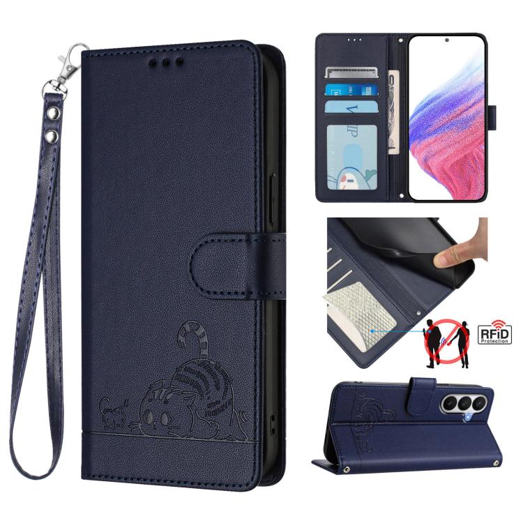 

For Samsung Galaxy S26 Pro 5G Cat Rat Embossed Pattern RFID Leather Phone Case with Lanyard(Blue)