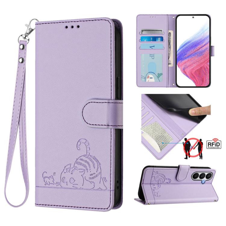 

For Samsung Galaxy S26 Pro 5G Cat Rat Embossed Pattern RFID Leather Phone Case with Lanyard(Purple)