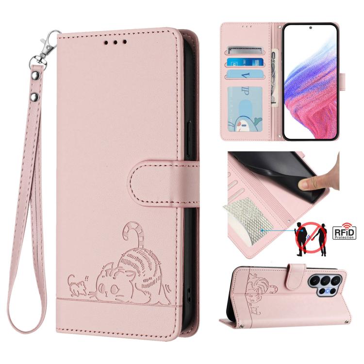 

For Samsung Galaxy S26 Ultra 5G Cat Rat Embossed Pattern RFID Leather Phone Case with Lanyard(Pink)