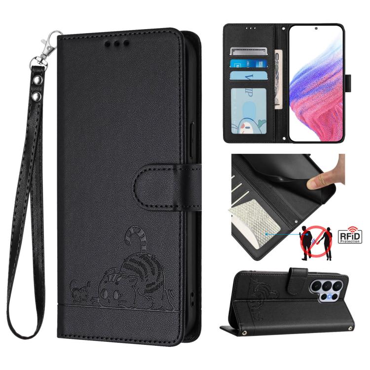 

For Samsung Galaxy S26 Ultra 5G Cat Rat Embossed Pattern RFID Leather Phone Case with Lanyard(Black)