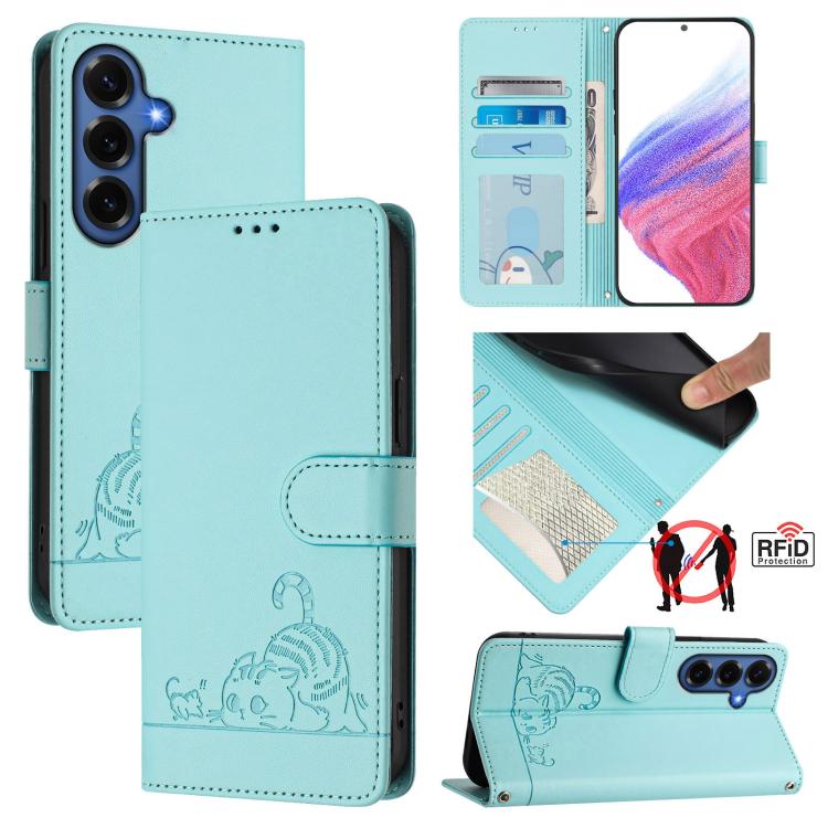 

For Samsung Galaxy S26+ 5G Cat Rat Embossed Pattern RFID Leather Phone Case with Lanyard(Mint Green)