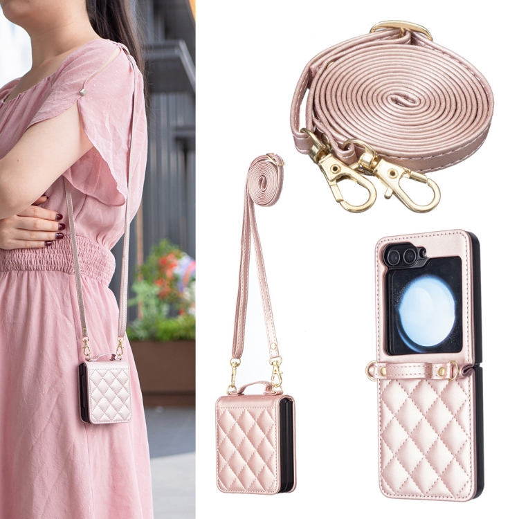 For Samsung Galaxy Z Flip7 FE / Flip6 Rhombus-shaped Crossbody Lanyard Leather Phone Case(Rose Gold)