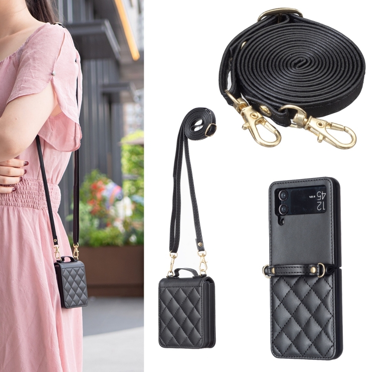 

For Samsung Galaxy Z Flip4 Rhombus-shaped Crossbody Lanyard Leather Phone Case(Black)