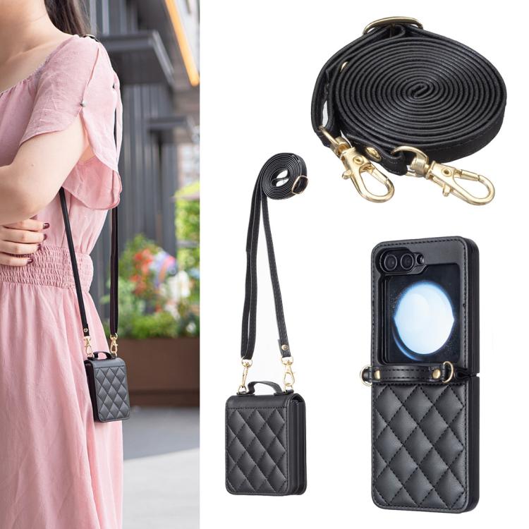 

For Samsung Galaxy Z Flip7 Rhombus-shaped Crossbody Lanyard Leather Phone Case(Black)