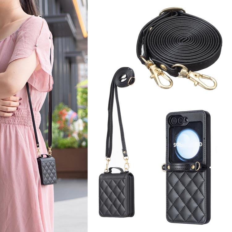 

For Galaxy Z Flip8 5G Rhombus-shaped Crossbody Lanyard Leather Phone Case(Black)