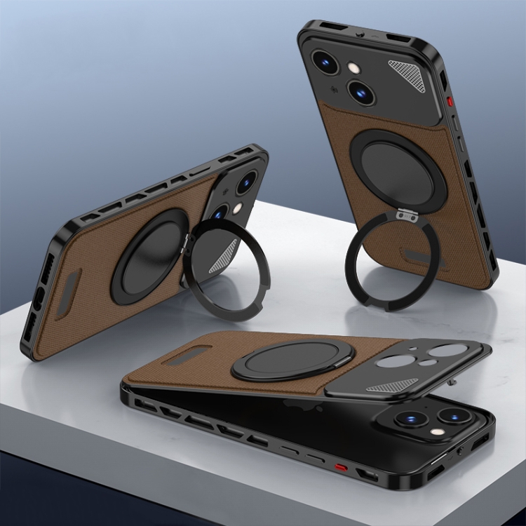 

For iPhone 15 Metal Snap Buckle 360 Degree Rotating MagSafe Magnetic Holder Phone Case(Dark Brown Black)