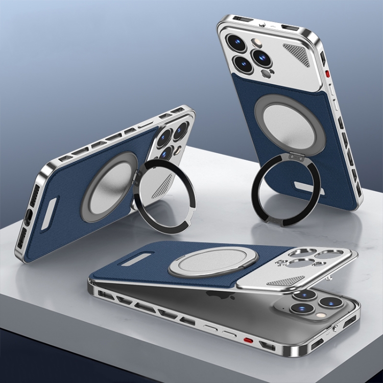 

For iPhone 14 Pro Max Metal Snap Buckle 360 Degree Rotating MagSafe Magnetic Holder Phone Case(Dark Blue Silver)