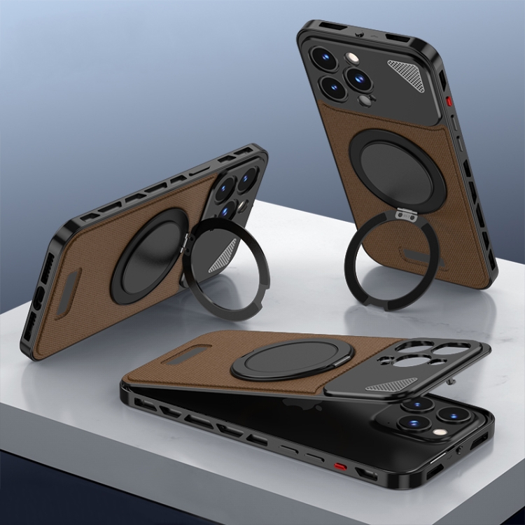 

For iPhone 12 Pro Max Metal Snap Buckle 360 Degree Rotating MagSafe Magnetic Holder Phone Case(Dark Brown Black)