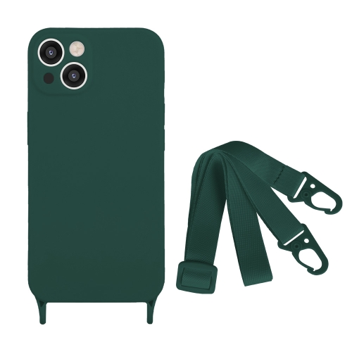 

For iPhone 15 Fine Hole Silicone Phone Case with Lanyard(Dark Green)