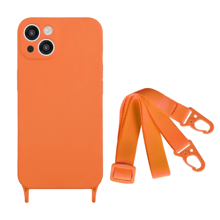 

For iPhone 14 Plus Fine Hole Silicone Phone Case with Lanyard(Orange)