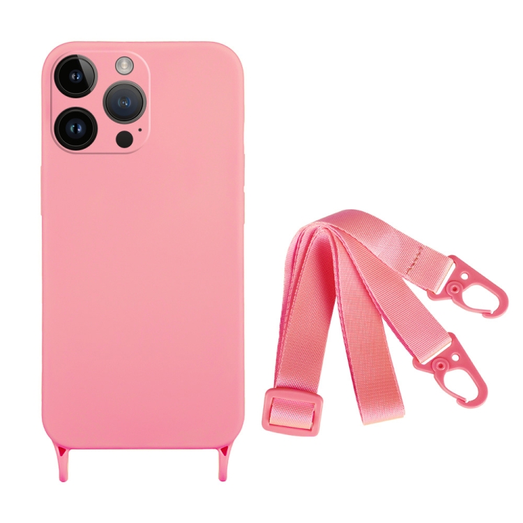 

For iPhone 14 Pro Fine Hole Silicone Phone Case with Lanyard(Pink)