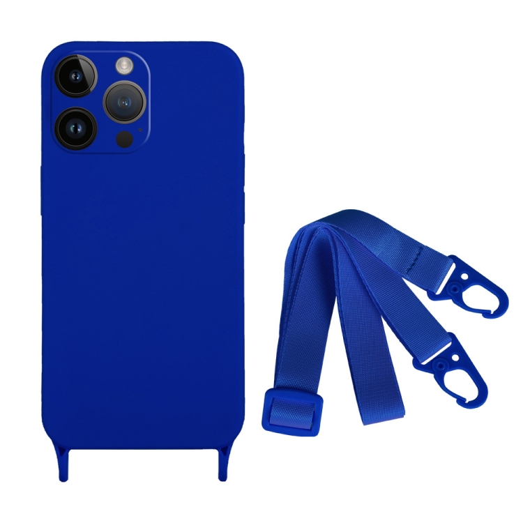 

For iPhone 14 Pro Max Fine Hole Silicone Phone Case with Lanyard(Navy Blue)