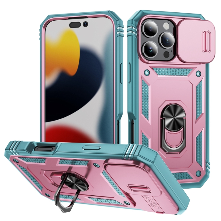 

For iPhone 16 Pro Sliding Camshield TPU + PC Phone Case with Holder(Pink+Green)