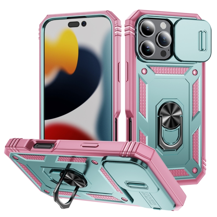

For iPhone 16 Pro Sliding Camshield TPU + PC Phone Case with Holder(Green+Pink)