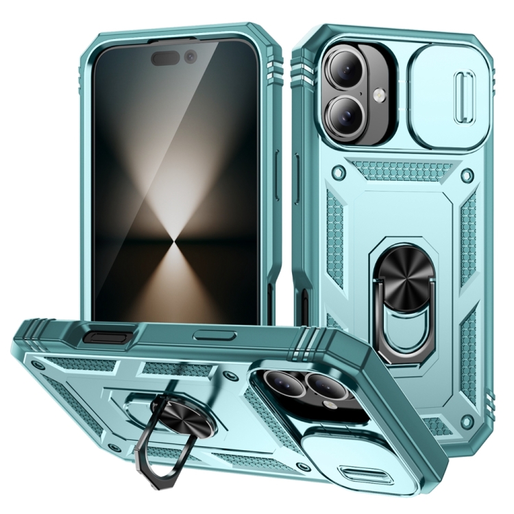 

For iPhone 16 Plus Sliding Camshield TPU + PC Phone Case with Holder(Green)