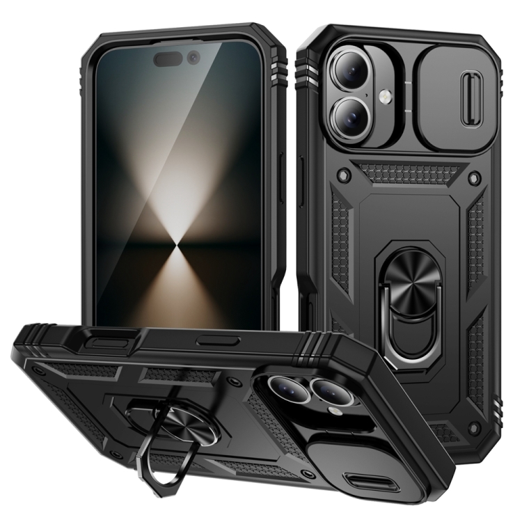 

For iPhone 16 Sliding Camshield TPU + PC Phone Case with Holder(Black)