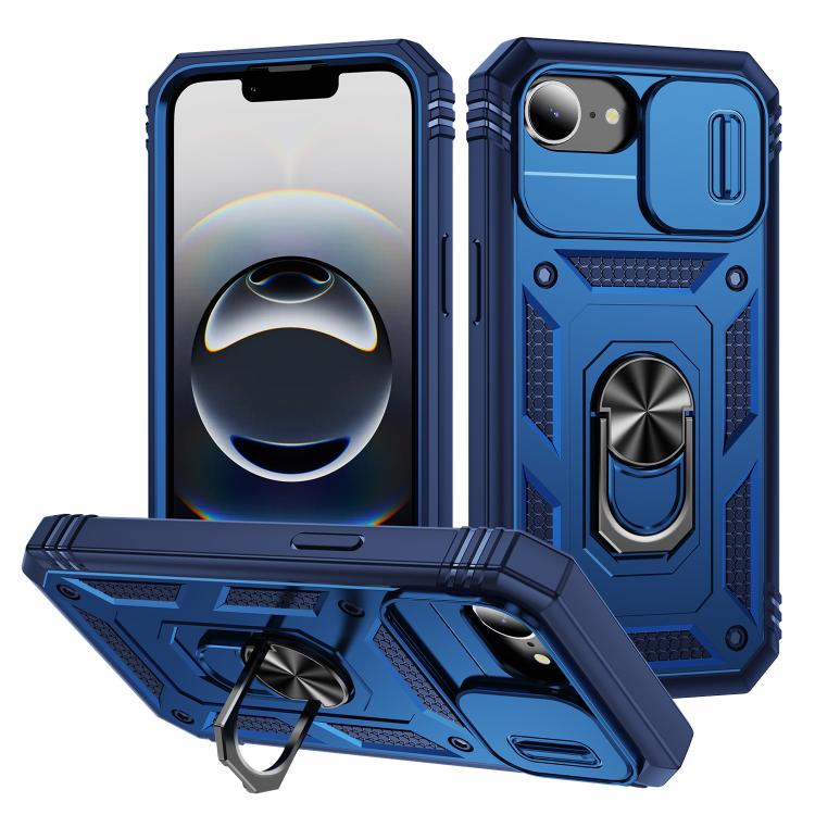 

For iPhone 16e Sliding Camshield TPU + PC Phone Case with Holder(Navy Blue)