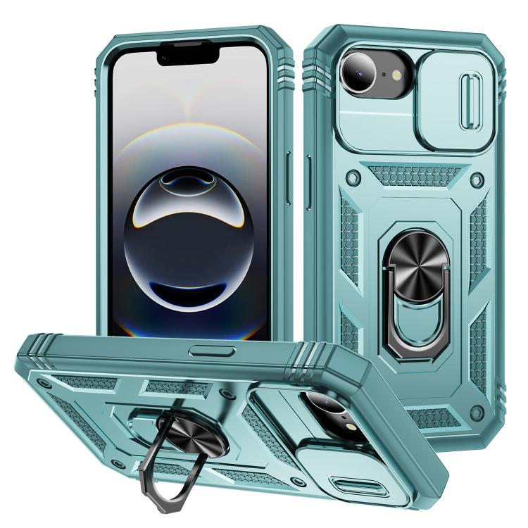 

For iPhone 16e Sliding Camshield TPU + PC Phone Case with Holder(Green)