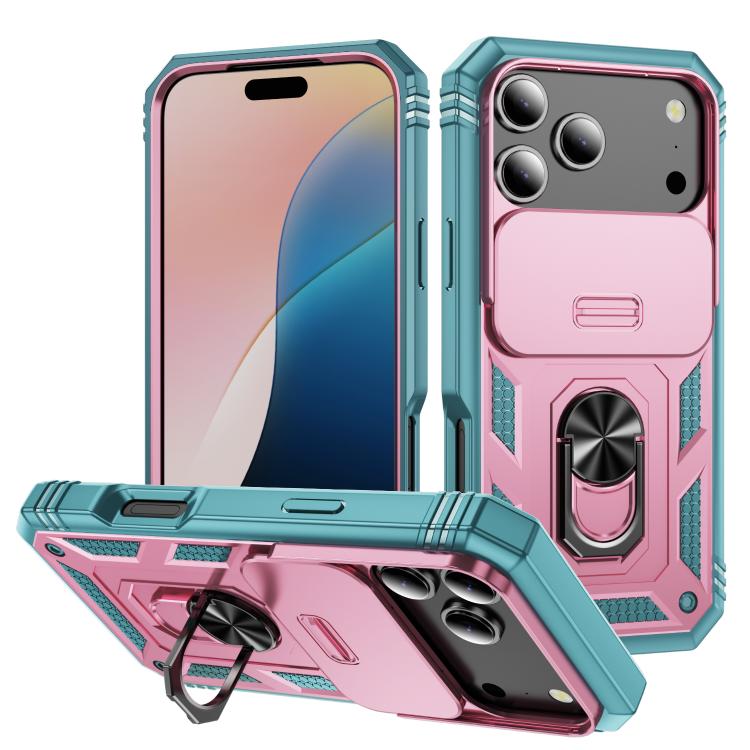 

For iPhone 17 Pro Sliding Camshield TPU + PC Phone Case with Holder(Pink+Green)