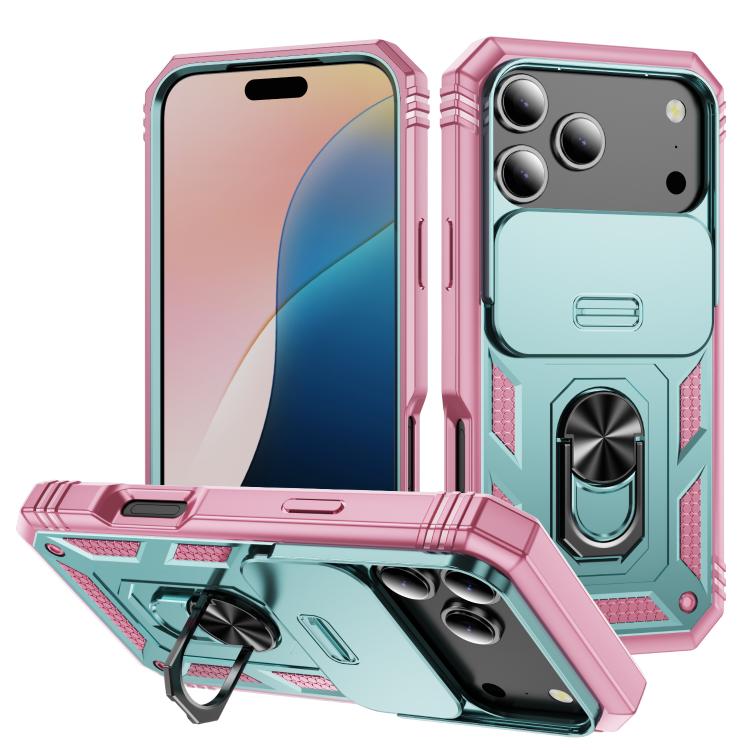 

For iPhone 17 Pro Sliding Camshield TPU + PC Phone Case with Holder(Green+Pink)