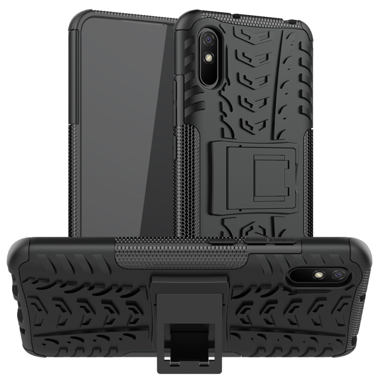 

For Xiaomi Redmi 9A Tire Texture Shockproof TPU+PC Protective Case with Holder(Black)