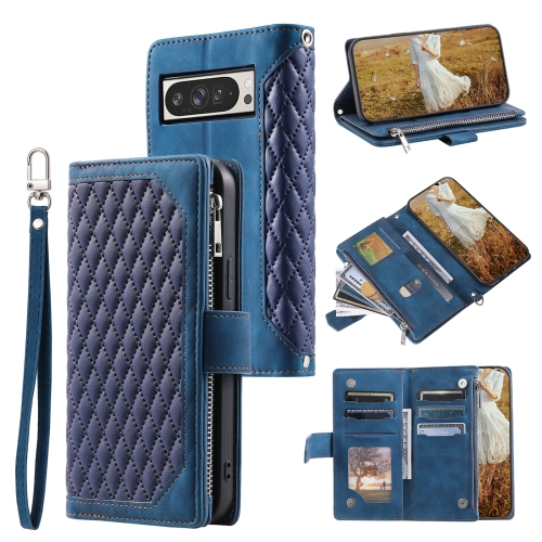 

For Google Pixel 9 Pro XL Grid Texture Zipper Leather Phone Case with Lanyard(Blue)