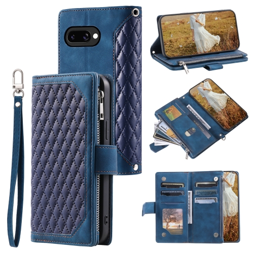 

For Google Pixel 9a Grid Texture Zipper Leather Phone Case with Lanyard(Blue)