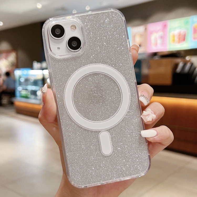 

For iPhone 15 Acrylic Transparent Glitter MagSafe Phone Case(Silver)