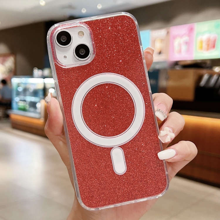 

For iPhone 15 Acrylic Transparent Glitter MagSafe Phone Case(Red)