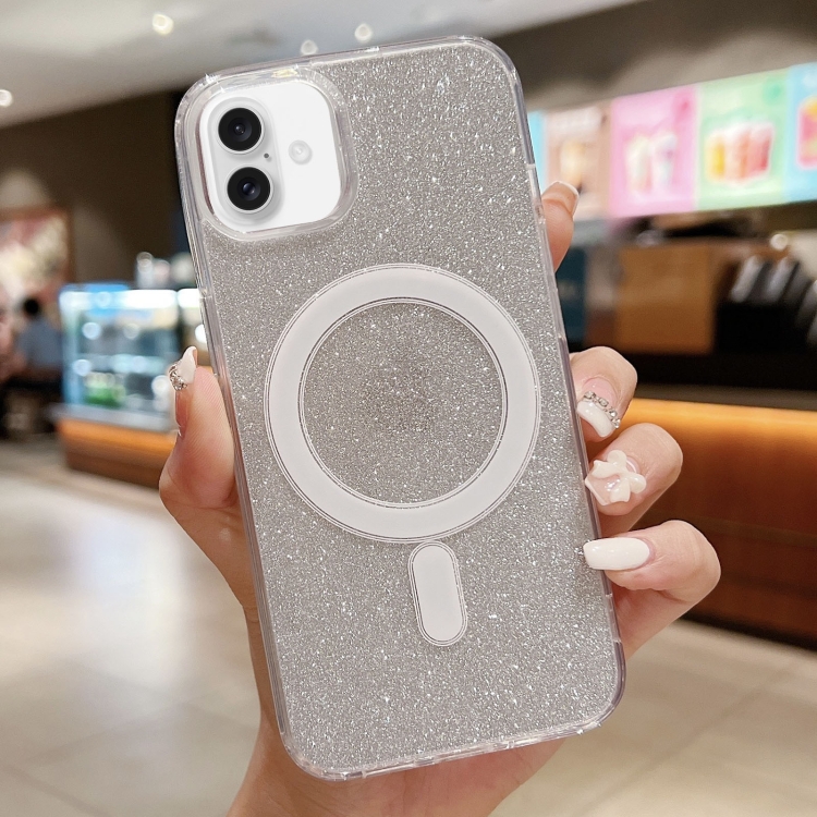 

For iPhone 16 Plus Acrylic Transparent Glitter MagSafe Phone Case(Silver)