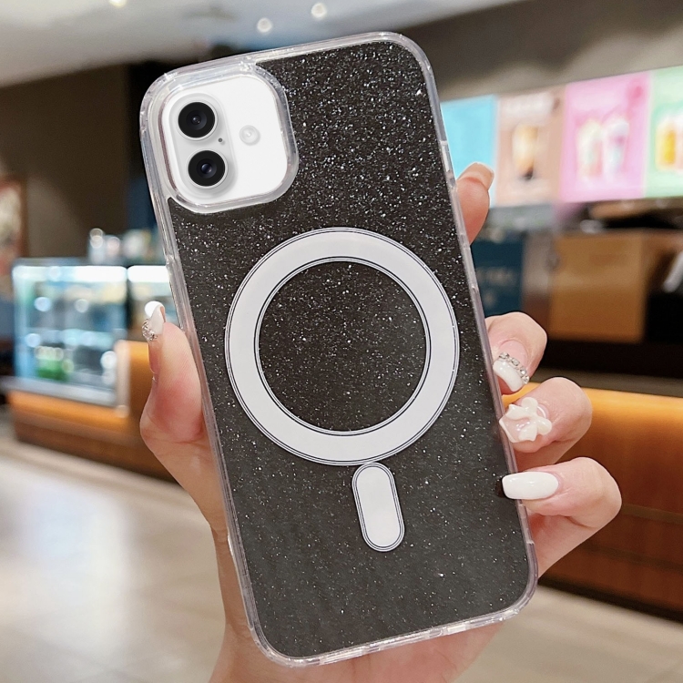 

For iPhone 16 Plus Acrylic Transparent Glitter MagSafe Phone Case(Black)