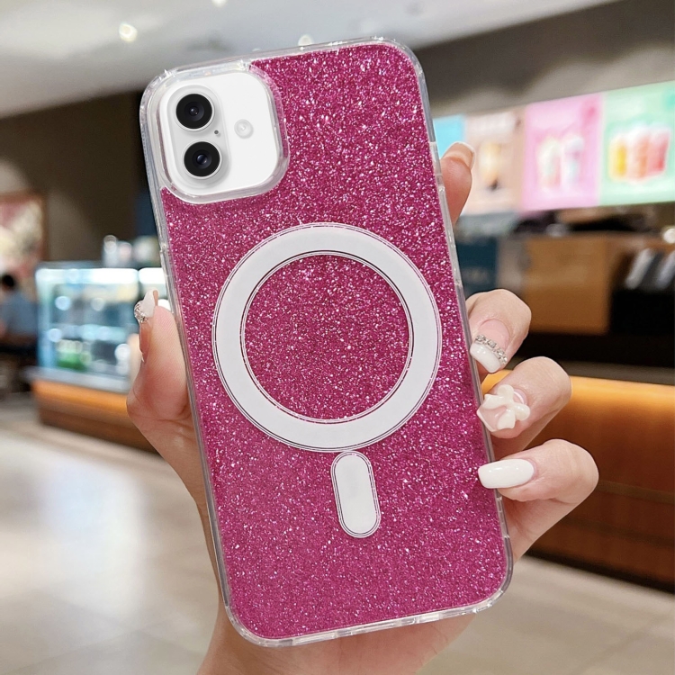 

For iPhone 16 Plus Acrylic Transparent Glitter MagSafe Phone Case(Rose Red)