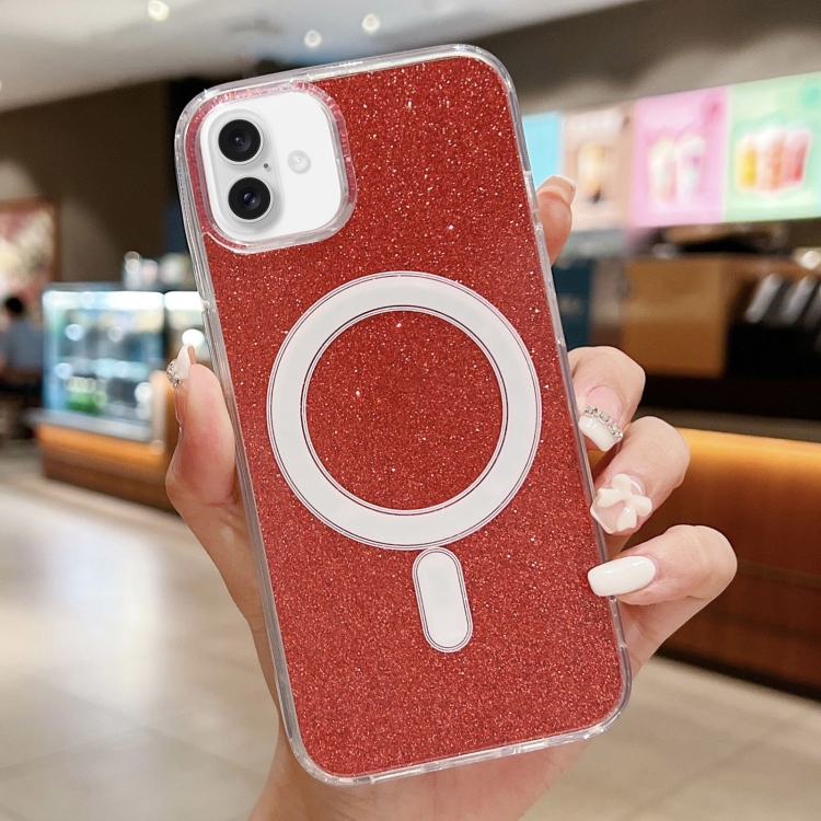 

For iPhone 16 Acrylic Transparent Glitter MagSafe Phone Case(Red)