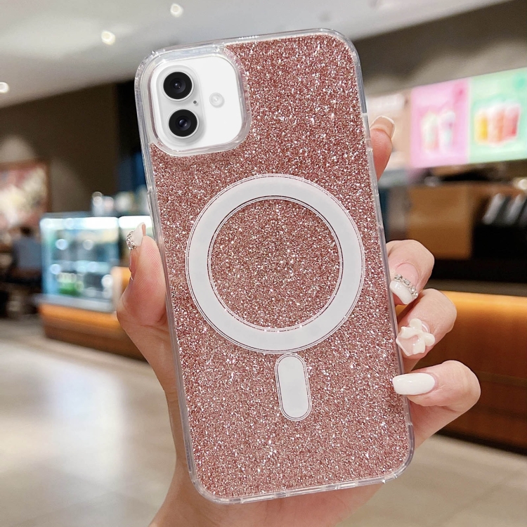 

For iPhone 16 Acrylic Transparent Glitter MagSafe Phone Case(Pink)