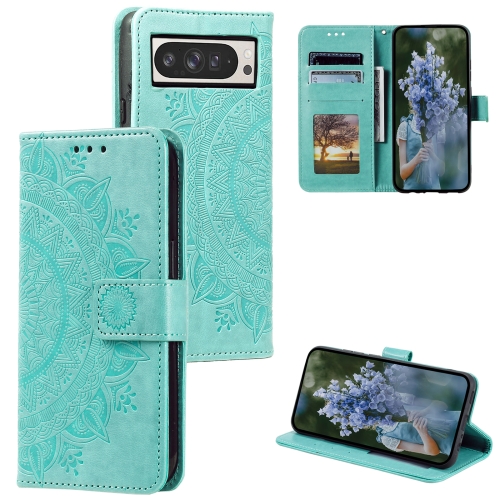 

For Google Pixel 9 Pro XL Totem Flower Embossed Leather Phone Case with Lanyard(Green)