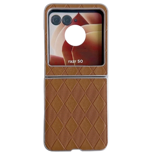 

For Motorola Razr 50 Ultra Pearlescent Paint Diamond Shaped Checkered Leather Phone Case(Brown)