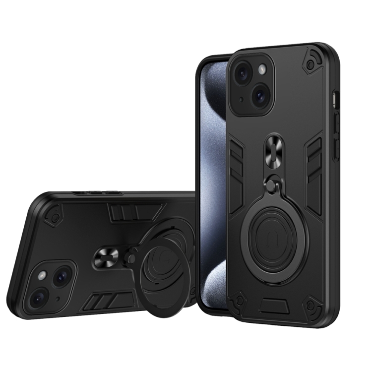 

For iPhone 15 Metal Ring 360 Degree Rotating Holder PC Hybrid TPU Phone Case(Black)