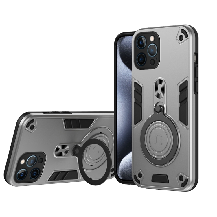 

For iPhone 12 Pro Max Metal Ring 360 Degree Rotating Holder PC Hybrid TPU Phone Case(Silver Grey)
