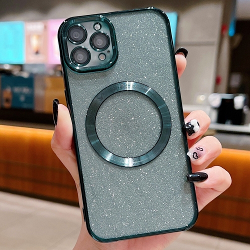 

For iPhone 11 Pro Max Electroplating Pure Color Glitter Powder MagSafe Phone Case(Dark Green)