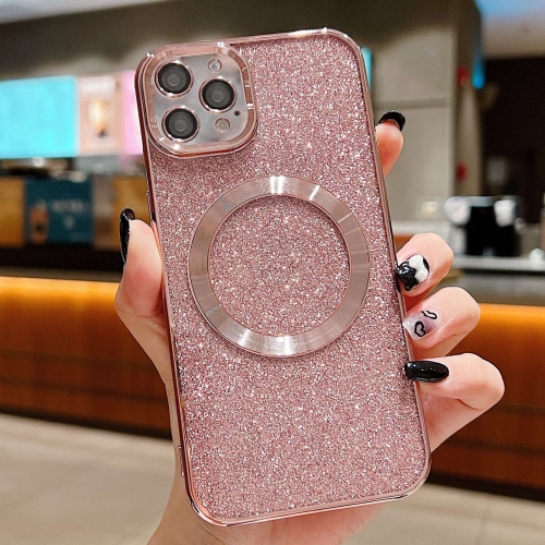 

For iPhone 12 Pro Max Electroplating Pure Color Glitter Powder MagSafe Phone Case(Pink)