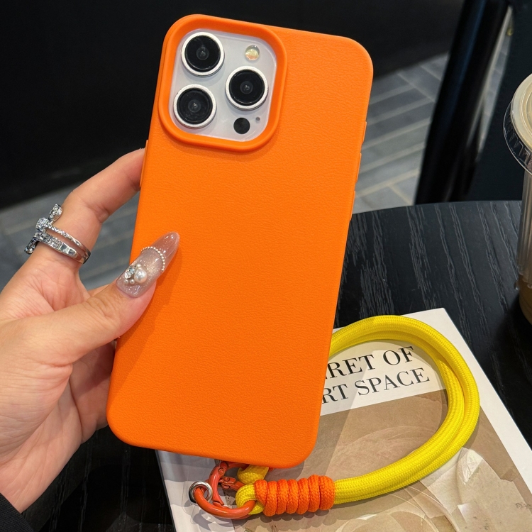 

For iPhone 15 Pro Max Leather Texture TPU Full Coverage Phone Case with Lanyard(Orange)