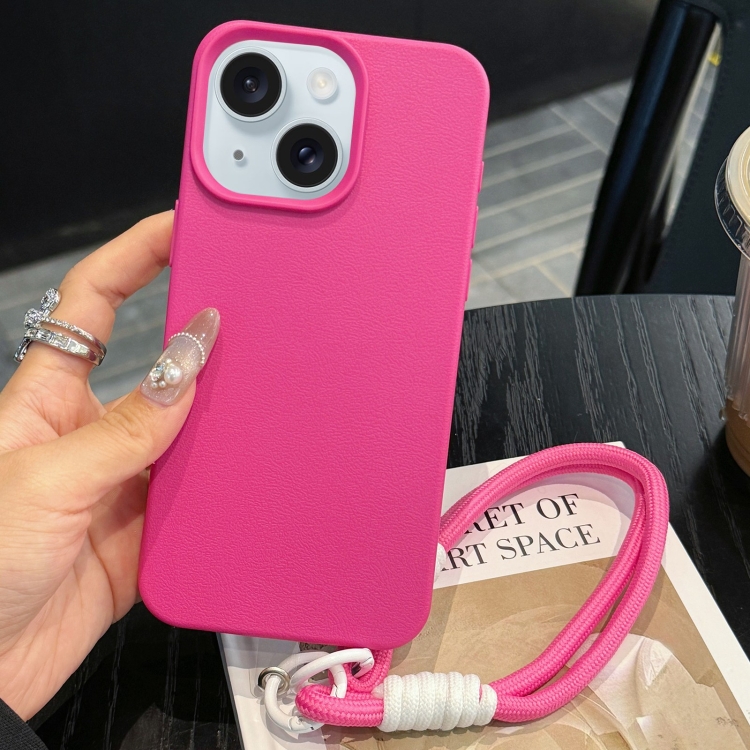 

For iPhone 15 Leather Texture TPU Full Coverage Phone Case with Lanyard(Rose Red)